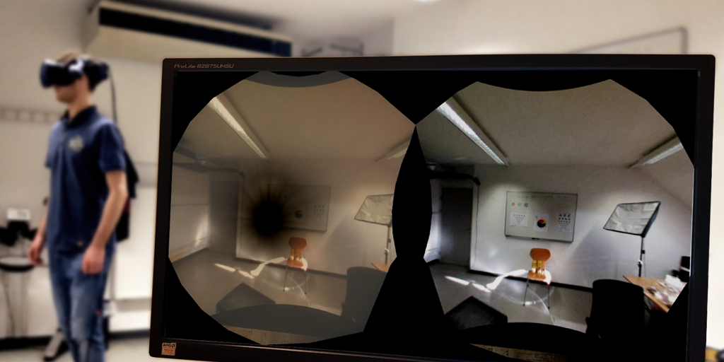 Links ein Mann mit einer VR-Brille, rechts die beiden Bilder, die er durch die Brille sieht: das linke Bild weist eine Sehbeeinträchtigung auf. 