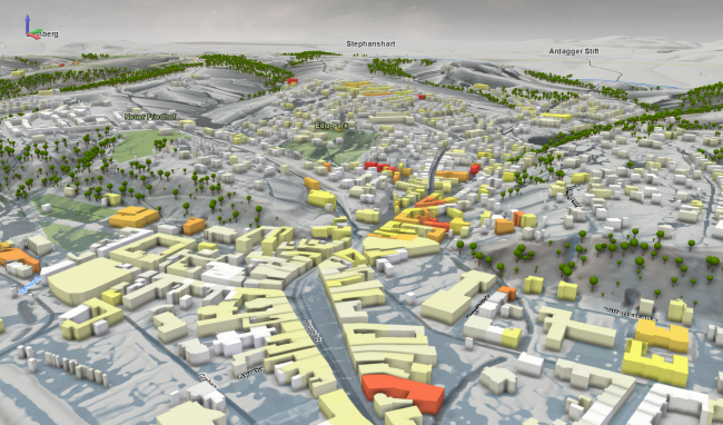 In der Software Visdom wird die Visualisierung der Hochwassergefährdung von Gebäuden einer Stadt in Niederösterreich in verschiedenen Farben angezeigt: Gelb = geringe Gefährdung, rot = große Gefährdung