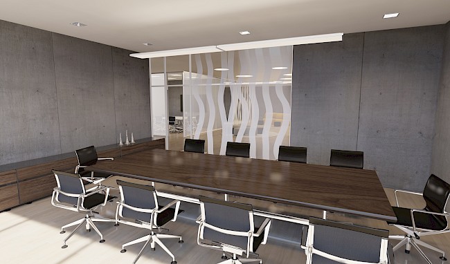 Die Visualisierung eines Büroraumes mit einem großen Besprechungstisch mit Stühlen, welcher physikalisch korrekt beleuchtet ist.