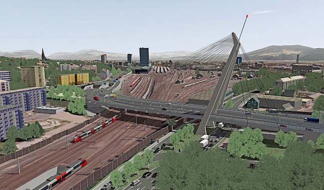 Visualisierung einer vielspurigen Autobahn, plus Brücke und Grünflächen. 