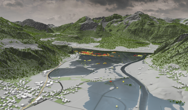 Ein Tal zwischen Bergen, in dem es zu Überflutungen durch Flusshochwasser bzw. Starkregen gekommen ist, visualisiert mit der Simulationssoftware Visdom