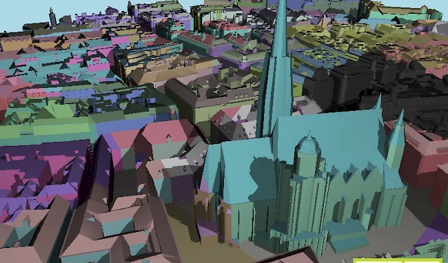 Digital twin in special color scheme of Vienna's city center, with St. Stephen's Cathedral at the very front. 