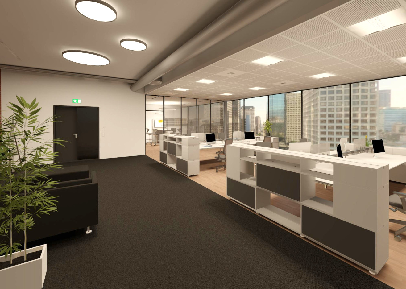 Screenshot eines in der Lichtsimulationssoftware HILITE 3D-visualisierten Büros samt möglicher Beleuchtung. 