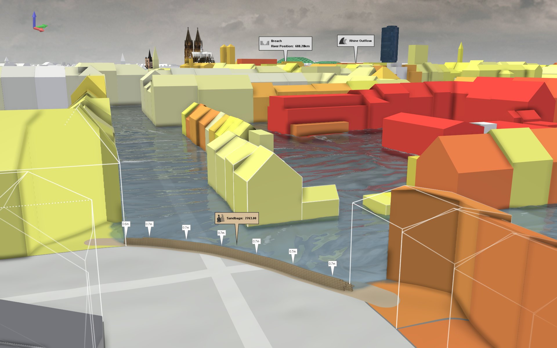 Simulation einer Überschwemmung eines urbanen Gebietes bei einem Hochwasser. Die mobile Sandsackbarriere hält das Wasser zurück.