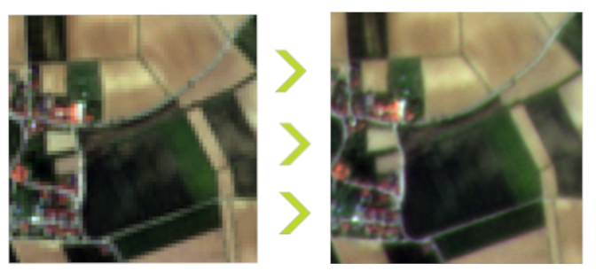 Zwei Satellitenbilder nebeneinander, das linke Originalbild ist verpixelt, das von VRVis nachgebesserte Bild (rechts) ist wesentlich besser zu erkennen. 