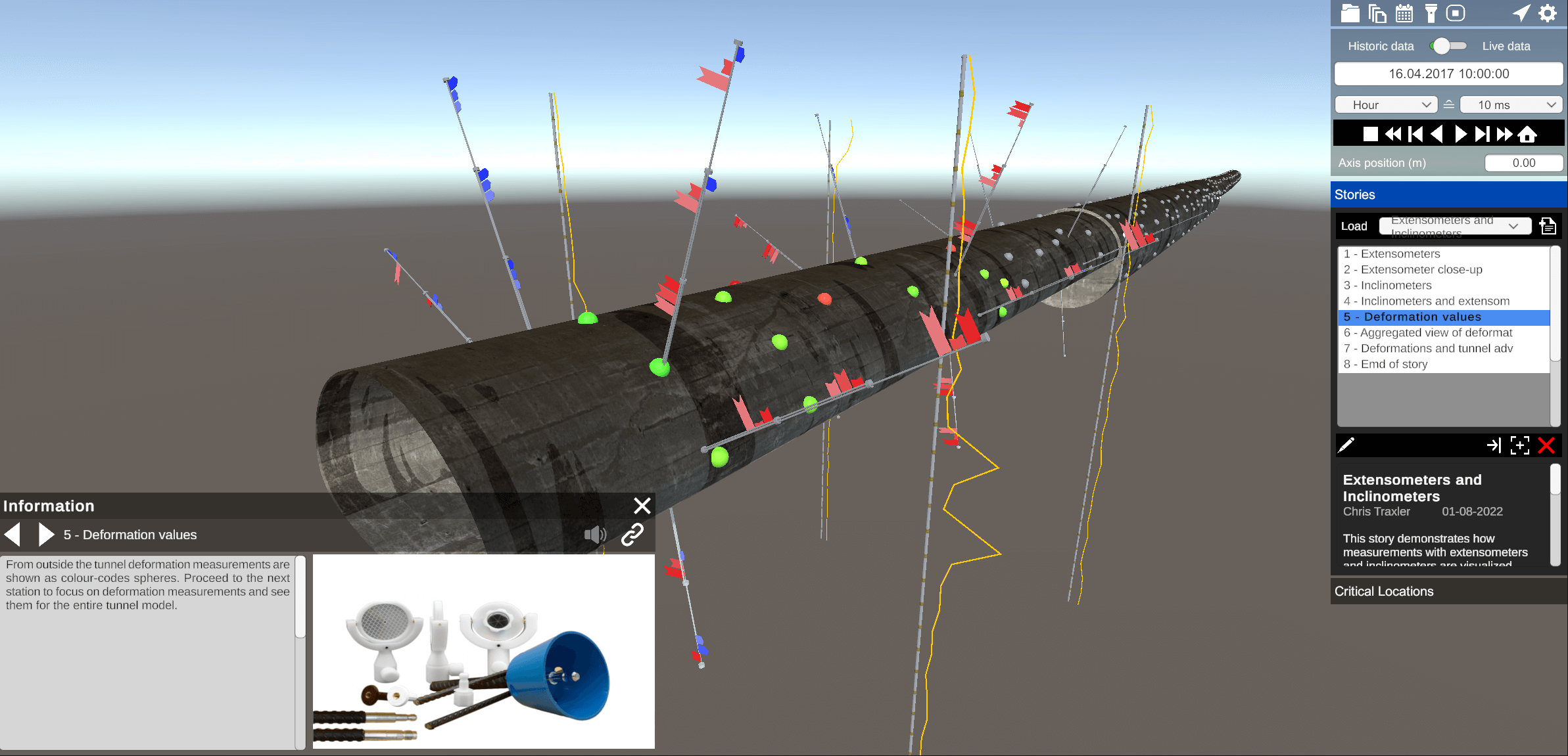Screenshot der Geotunnel Viewer-Software, bei dem man eine Tunnelröhre mit verschiedenen Markierungen und Zusatzinfos in verschiedenen Feldern sieht. 
