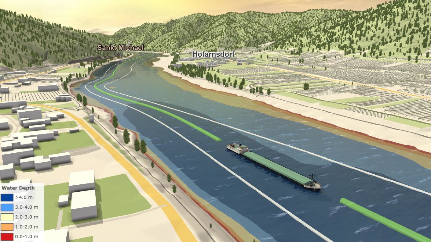 Visualisierung von Schiffen, die auf der Donau fahren, während auch das Umland zu sehen ist.