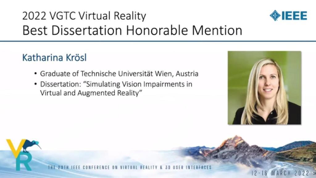 Slide with a picture of a researcher and information about the IEEE VR 2022 Best Dissertation Award. 