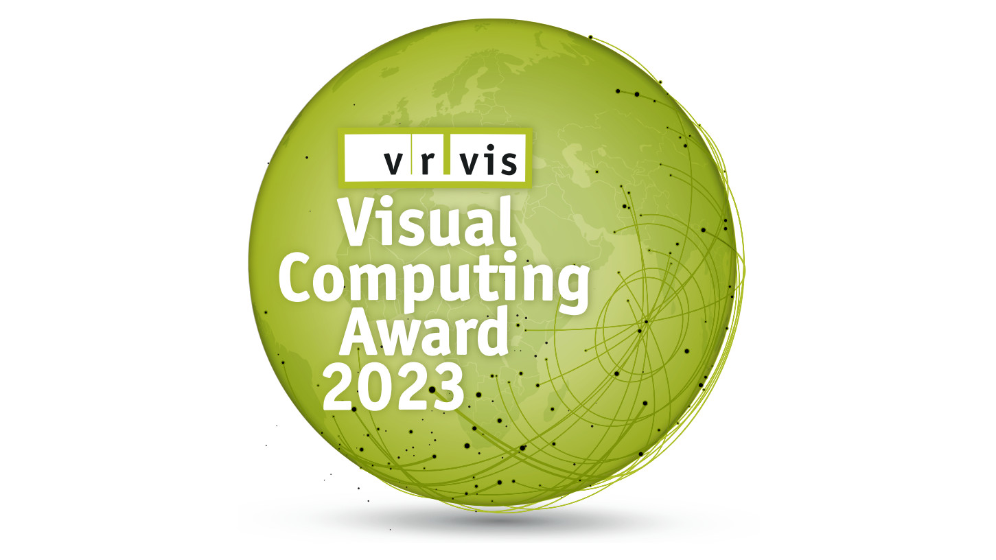 A green colored sphere, symbolizing the world, has a fine mesh on its surface, with "VRVis Visual Computing Award 2023" written above it.