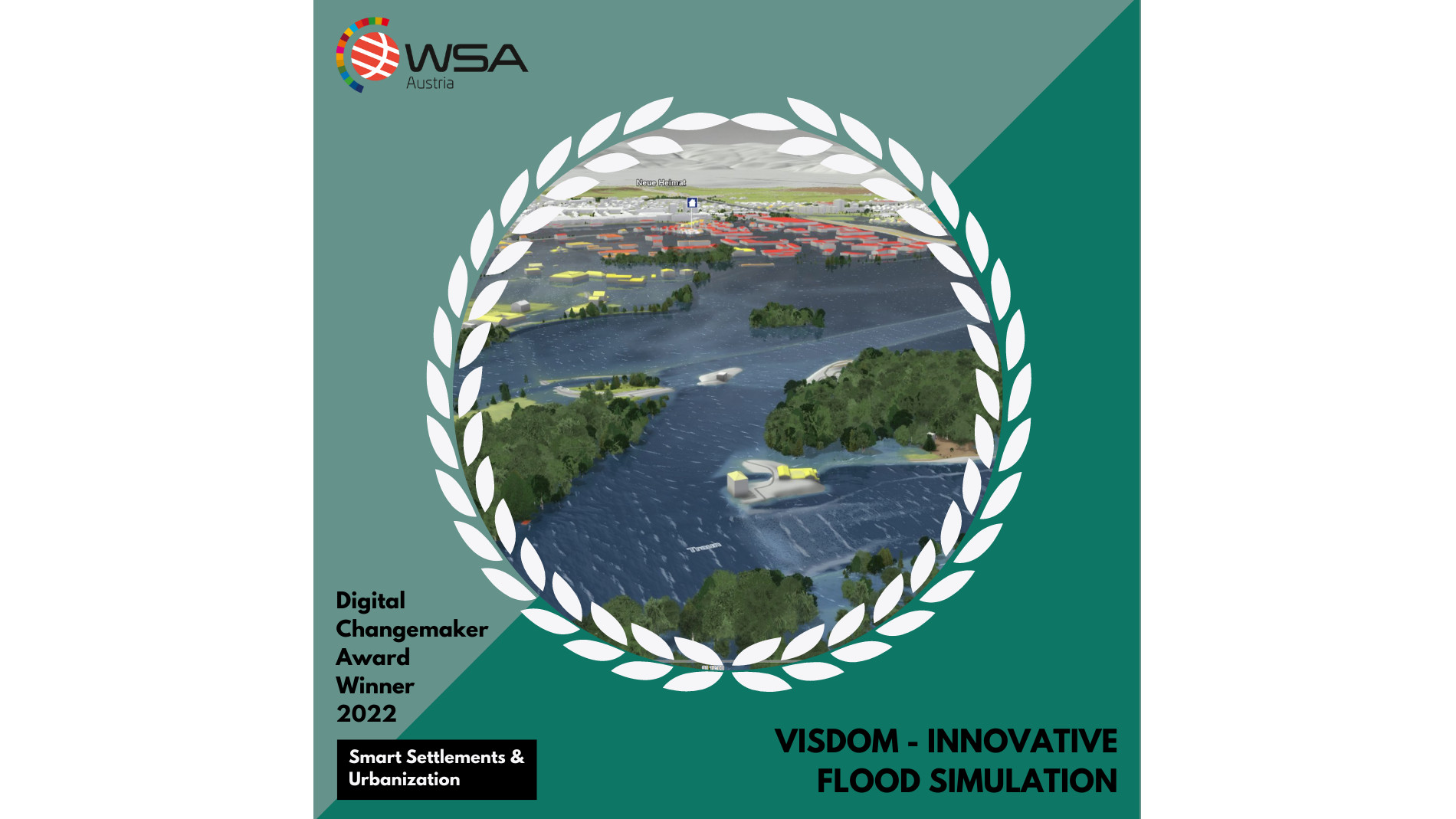 Logo of the WSA Austria Award with a picture of the Visdom software in the middle