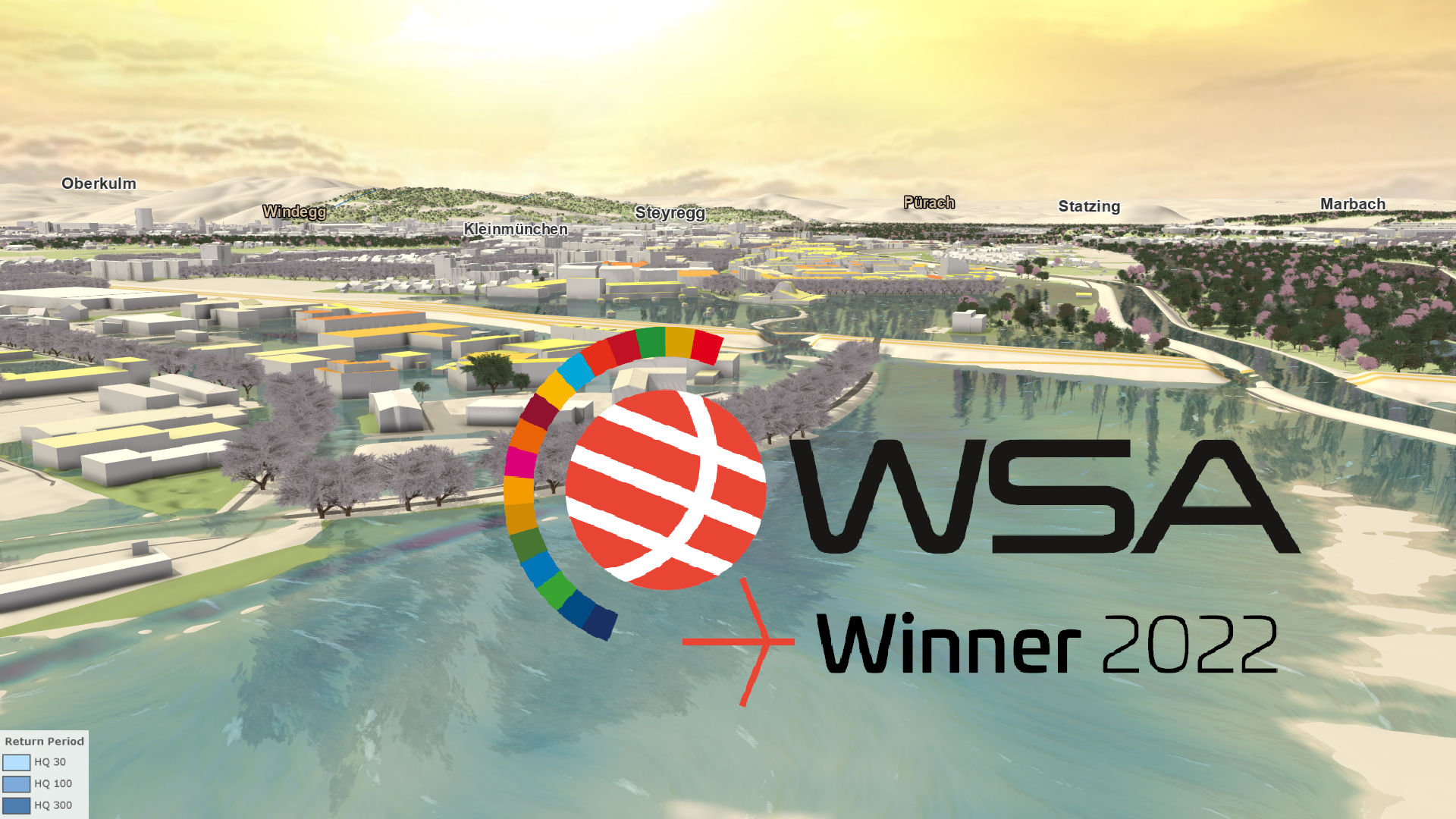 Screenshot of the simulation software Visdom showing a port with water and a city behind it. On the right, in the foreground, is the WSA Winner 2022 logo