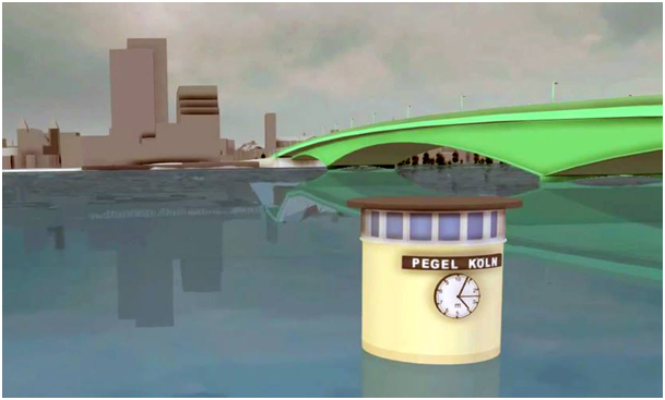 Visualization of a flood in the city of Cologne using the simulation software Visdom.