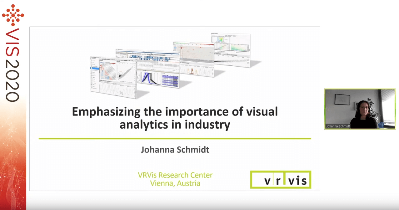 Titelfolie des VIS-Vortrags von VRVis-Forscherin Johanna Schmidt "Emphazising the Importance of Visual Analytics in Industry".
