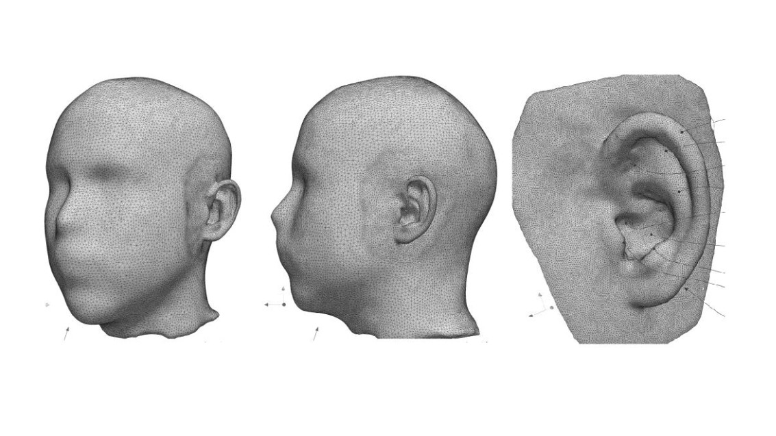 Three images of a 3D head reconstruction: profile, from the side, close-up of the ear