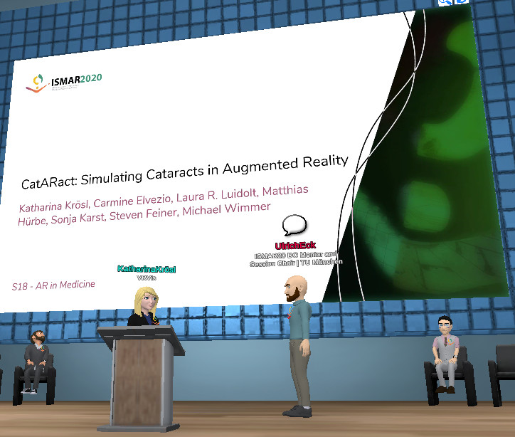 Der weibliche Avatar von Katharina Krösl präsentiert in der virtuellen Welt einer Konferenz ein wissenschaftliches Paper.
