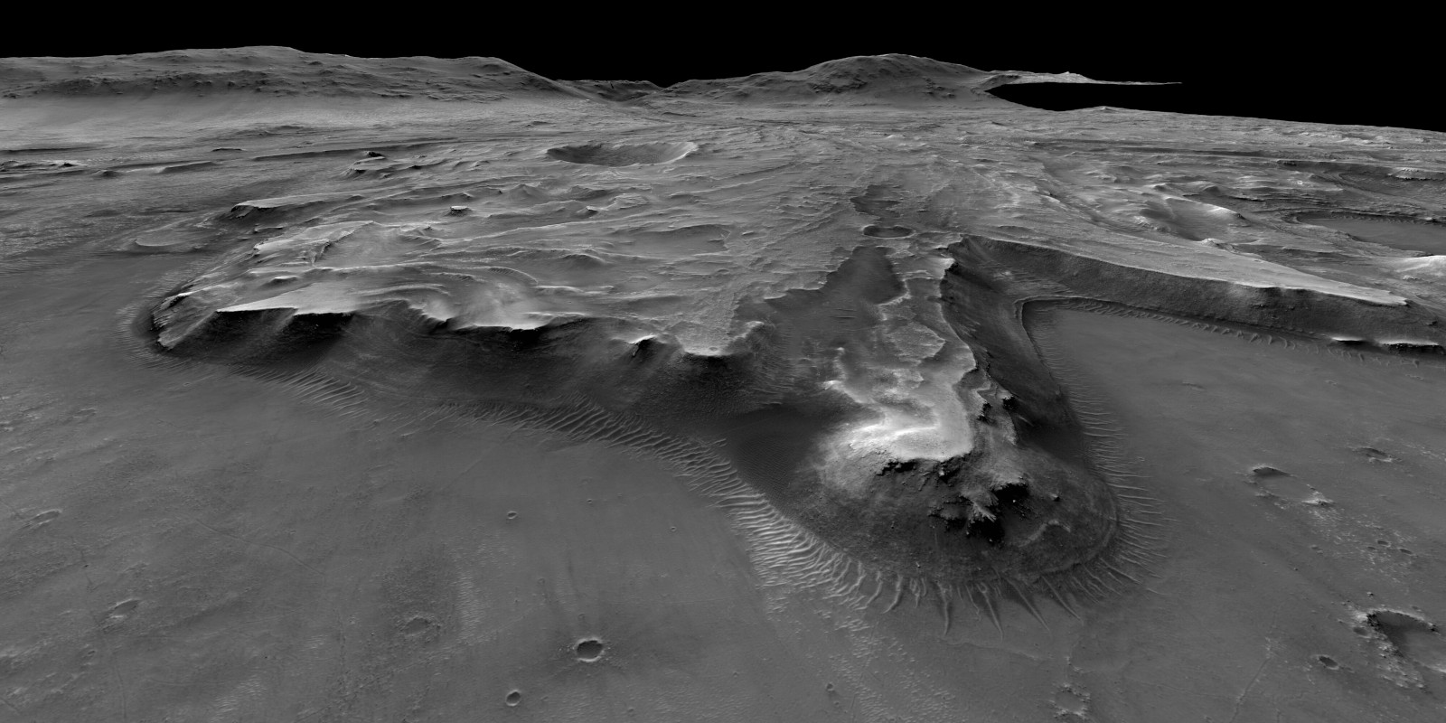 Aufnahme des Jezero Kraters auf dem Mars in Schwarz-Weiß.