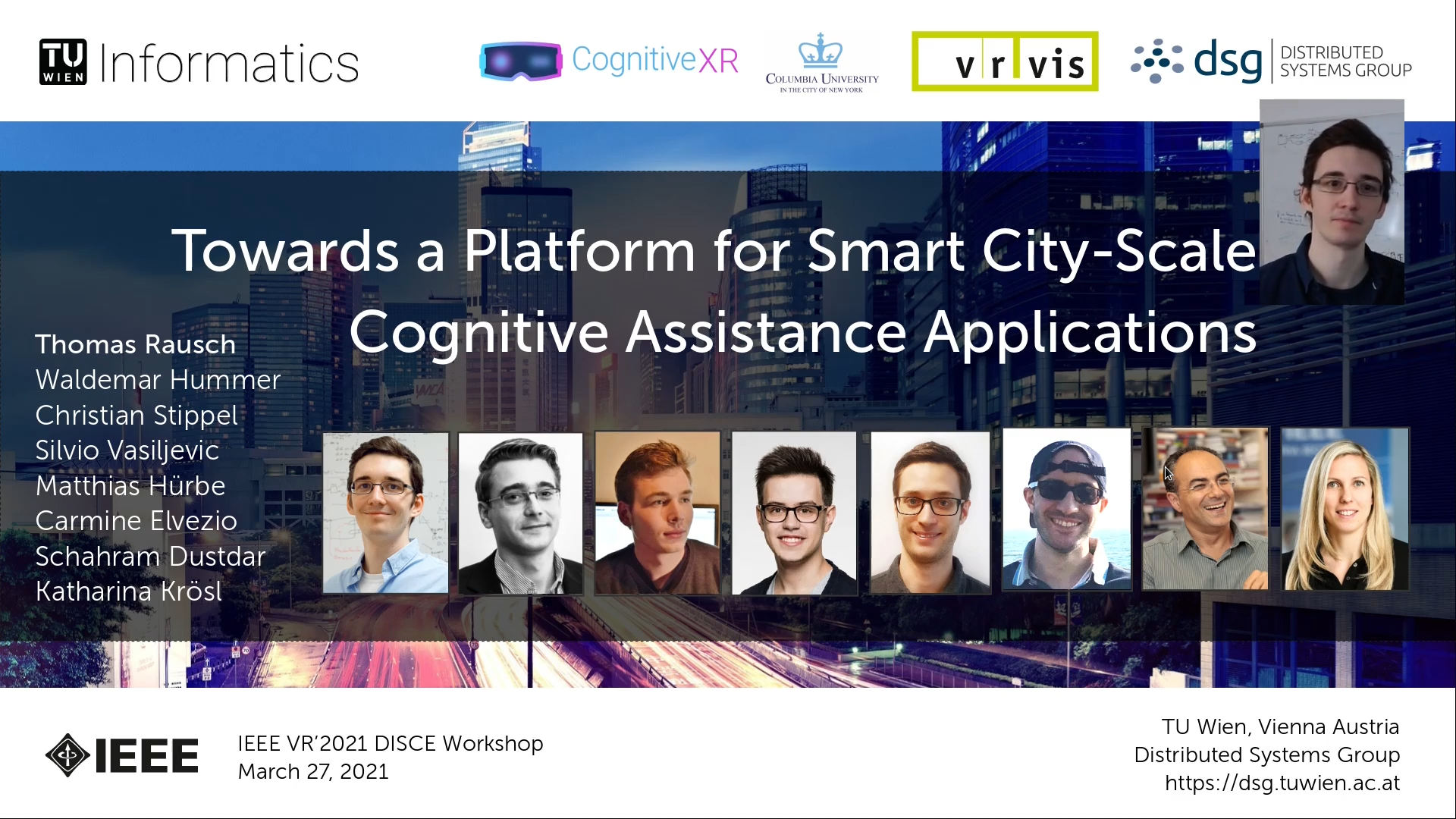 Begrüßungs-Slide des IEEE VR 2021-Vortrags "Towards a Platform for Smart City-Scale Cognitive Assistance Applications"