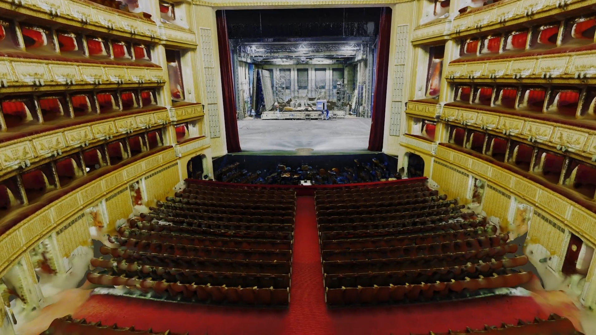 Der Zuschauerraum der Wiener Staatsoper sowie die leer stehende Bühne in Virtual Reality. 