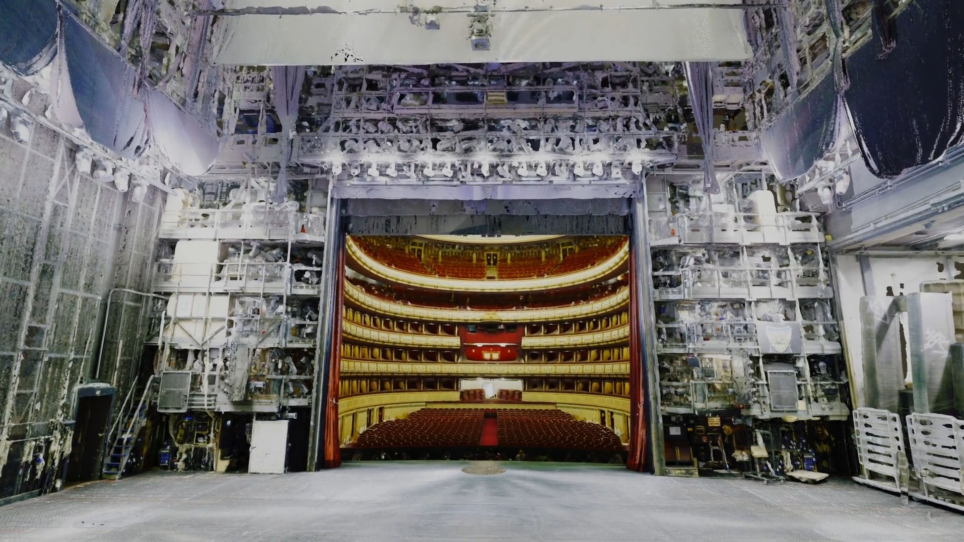 Blick von der leeren Bühne der Wiener Staatsoper in den Publikumsraum. Alles in Virtual Reality. 