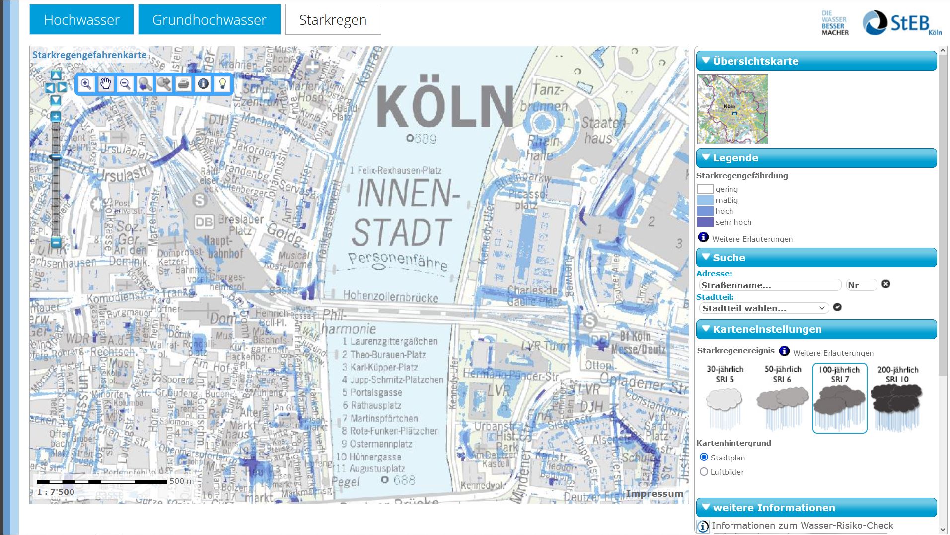 Eine Karte der deutschen Stadt Köln, die die Gefahrenlage des Starkregens anzeigt.