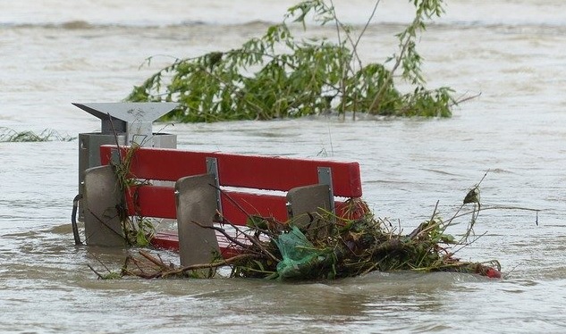 Eine Bank, die im Hochwasser steht.