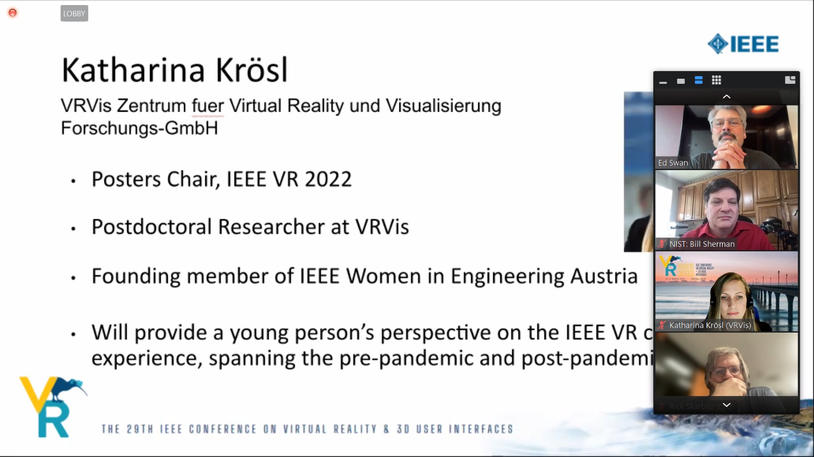 Eine Folie, die Katharina Krösl in ein paar Punkten vorstellt, rechts vier Video-Rechtecke mit Forschern. 