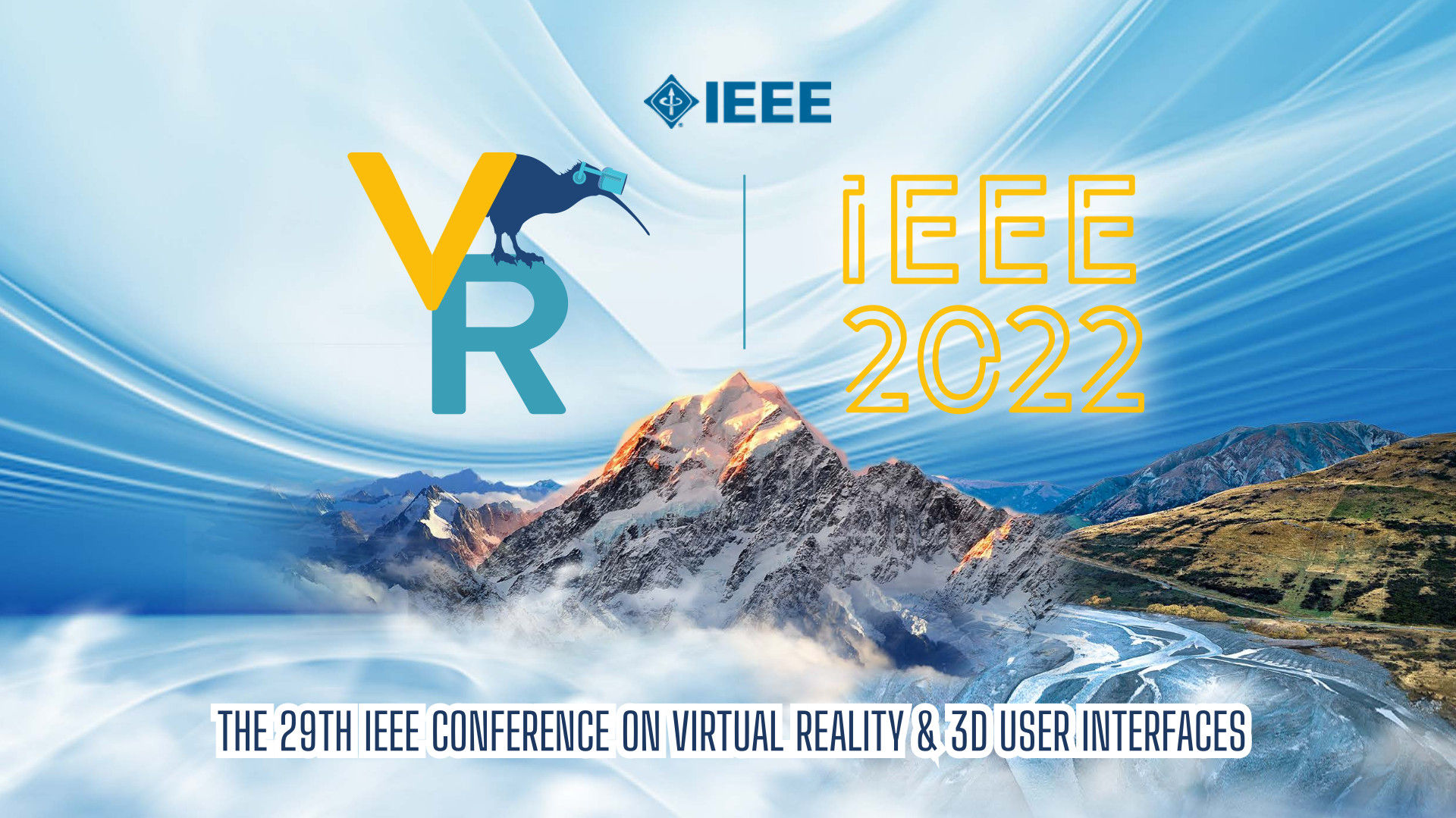 Logo der IEEE VR-Konferenz mit einem Kolibri und Landschaft aus Neuseeland