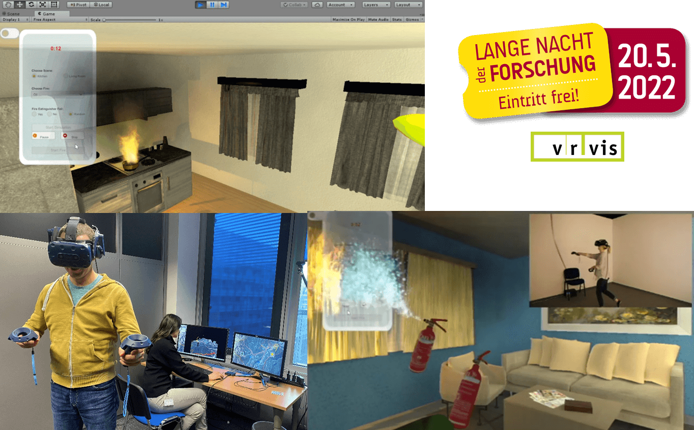 Verschiedene Bilder einen Brandschutztrainings in Virtual REality und die Logos von VRVis und der Langen Nacht der Forschung.