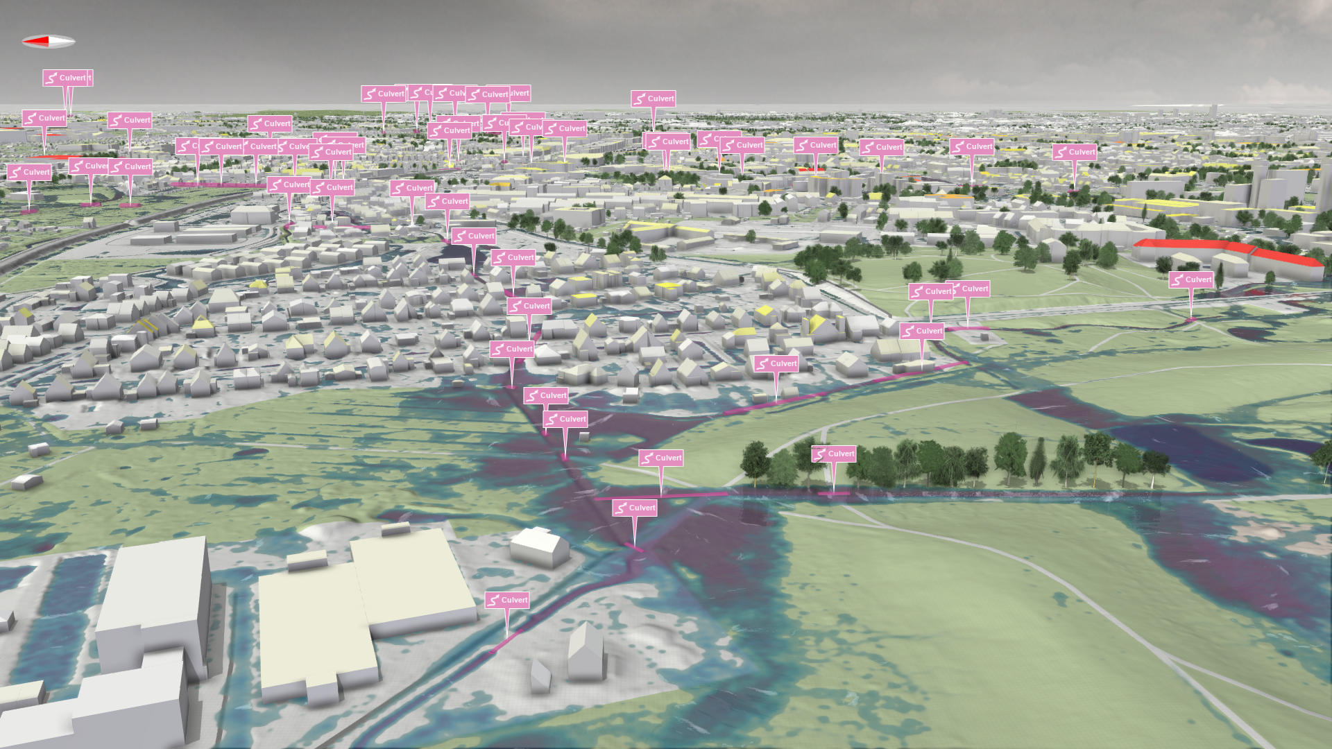 Three-dimensional view of an urban area in Hamburg with flood zones and pink information markers on special hazard zones 