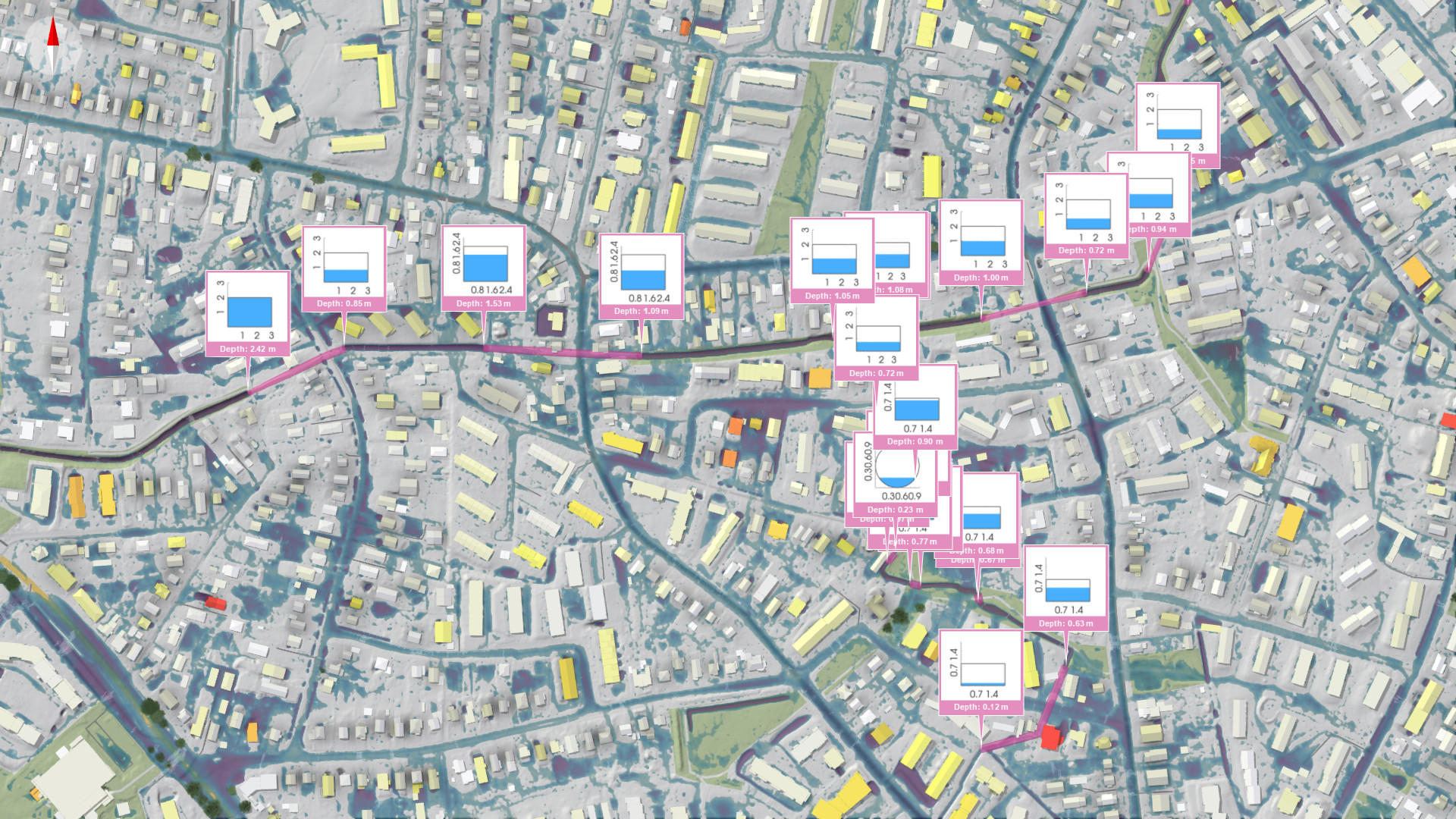 Ein Stadtplan von Hamburg in der Visdom-Software mit Grafiken zum Wasserpegel.