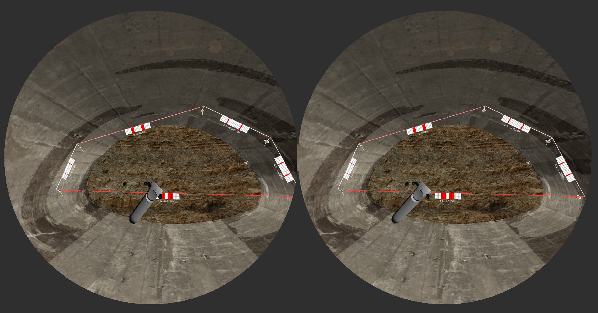 Blick durch eine Virtual Reality-Brille: im linken Kreis sieht man, was man mit dem linken Auge sieht, im rechten Kreis sieht man den Tunnel, wie man ihn mit dem rechten Auge sieht. 