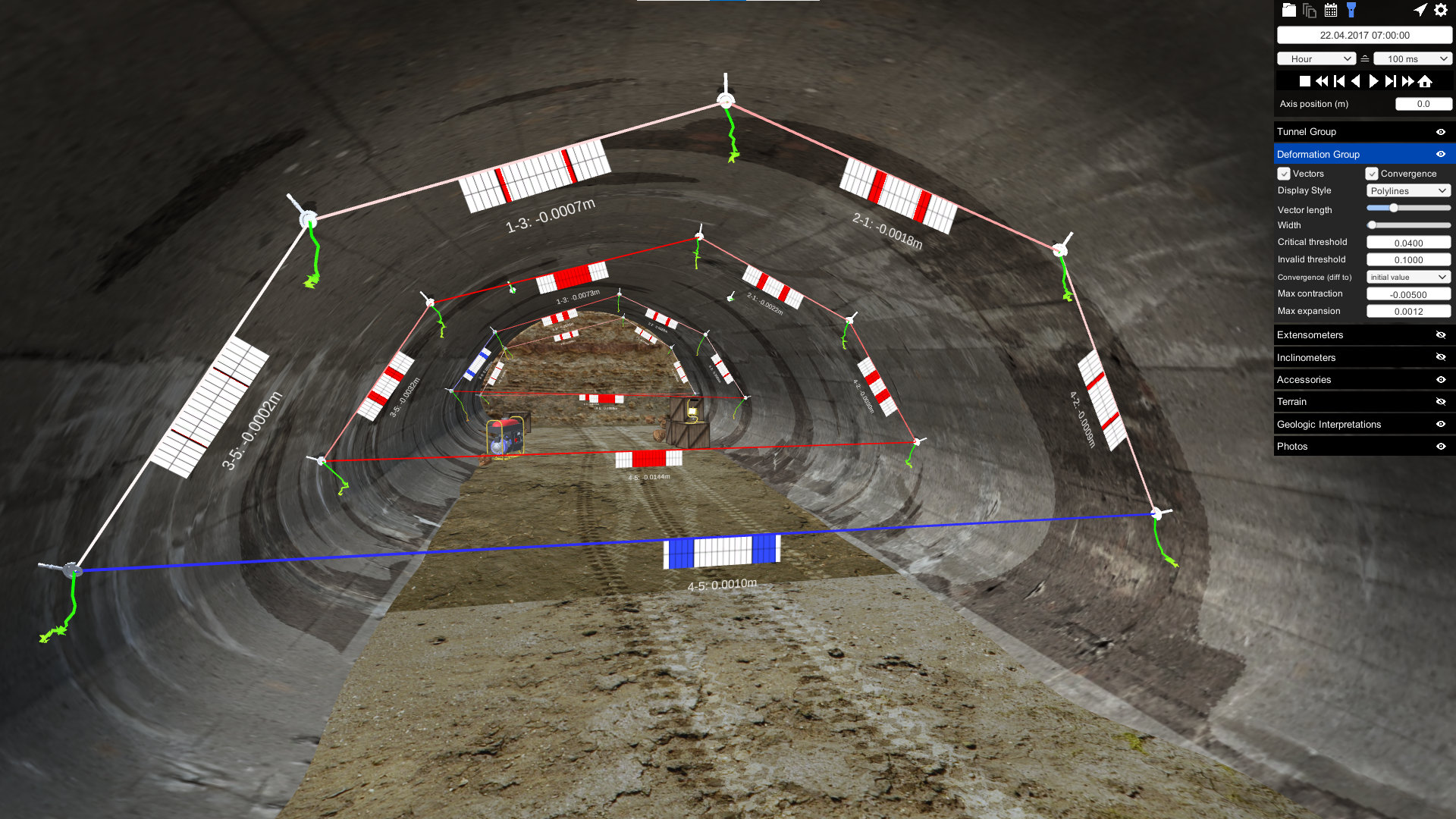 Image of a tunnel with different measurements and colored measurement lines.