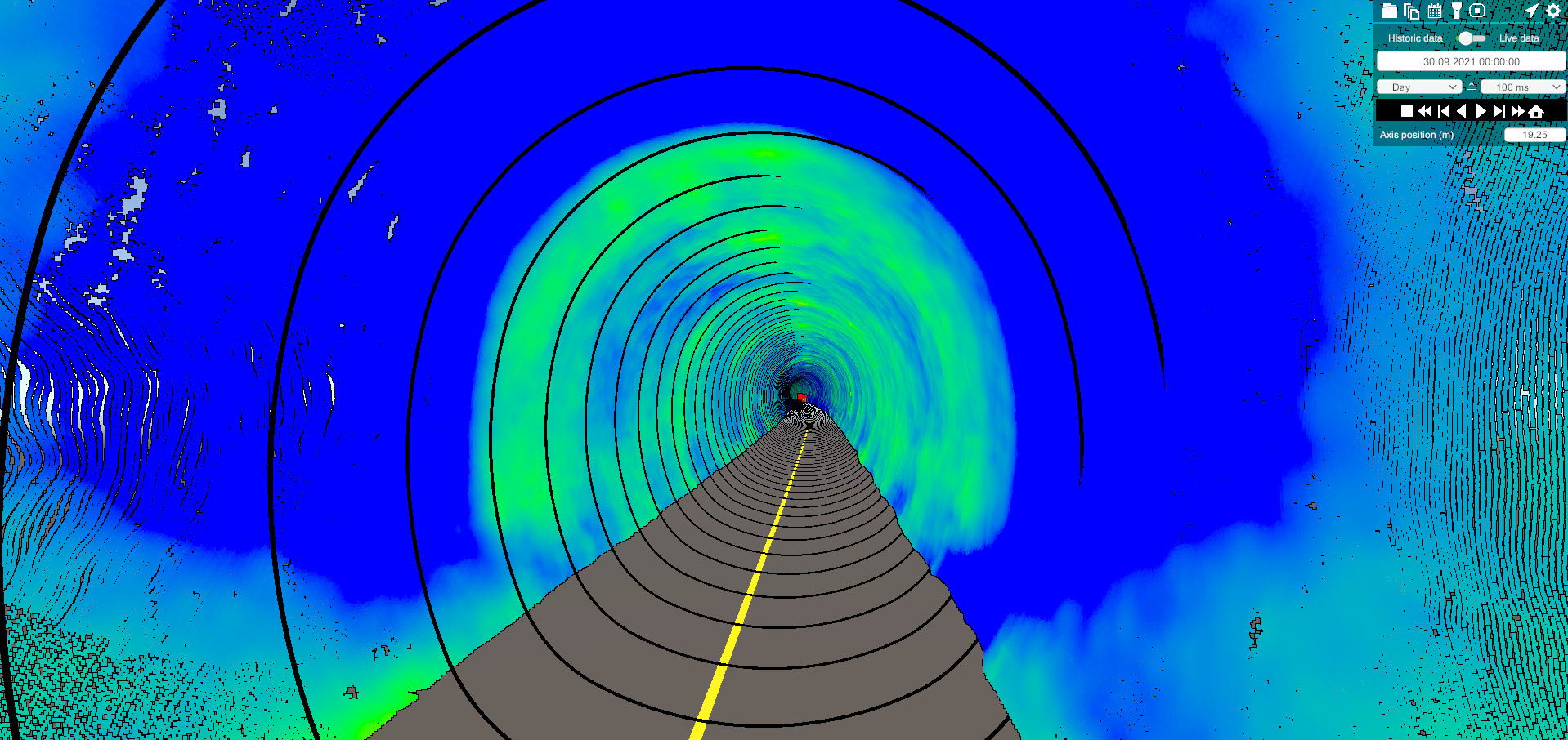 Bild eines Tunnels in verschiedenen Grün- und Blautönen, die anzeigen, ob der Tunnel so gebaut wird, wie er werden soll