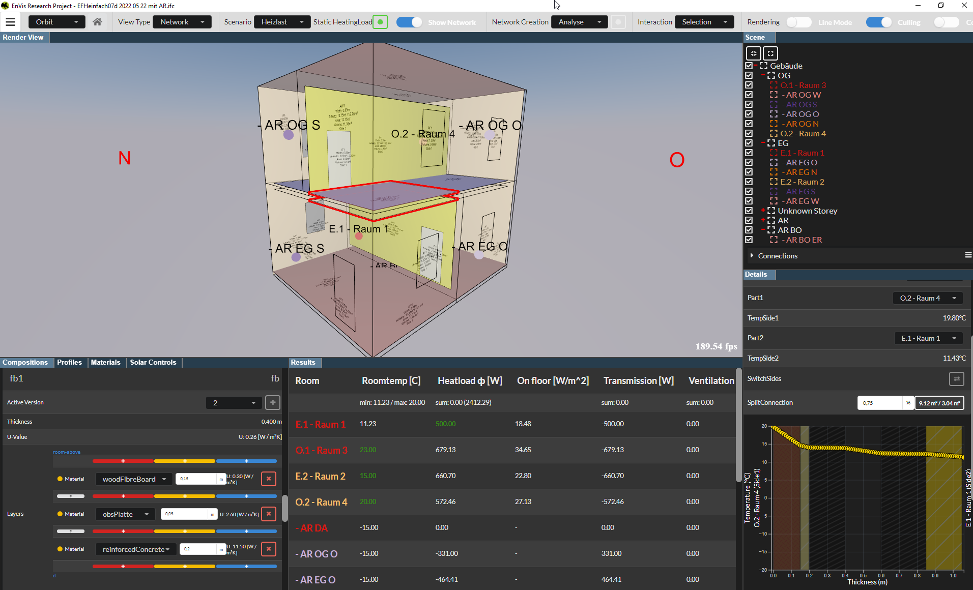 Bildschirmfoto eines Programms, mit dem verschiedene Wärmeberechnungen in Gebäuden gemacht werden können.