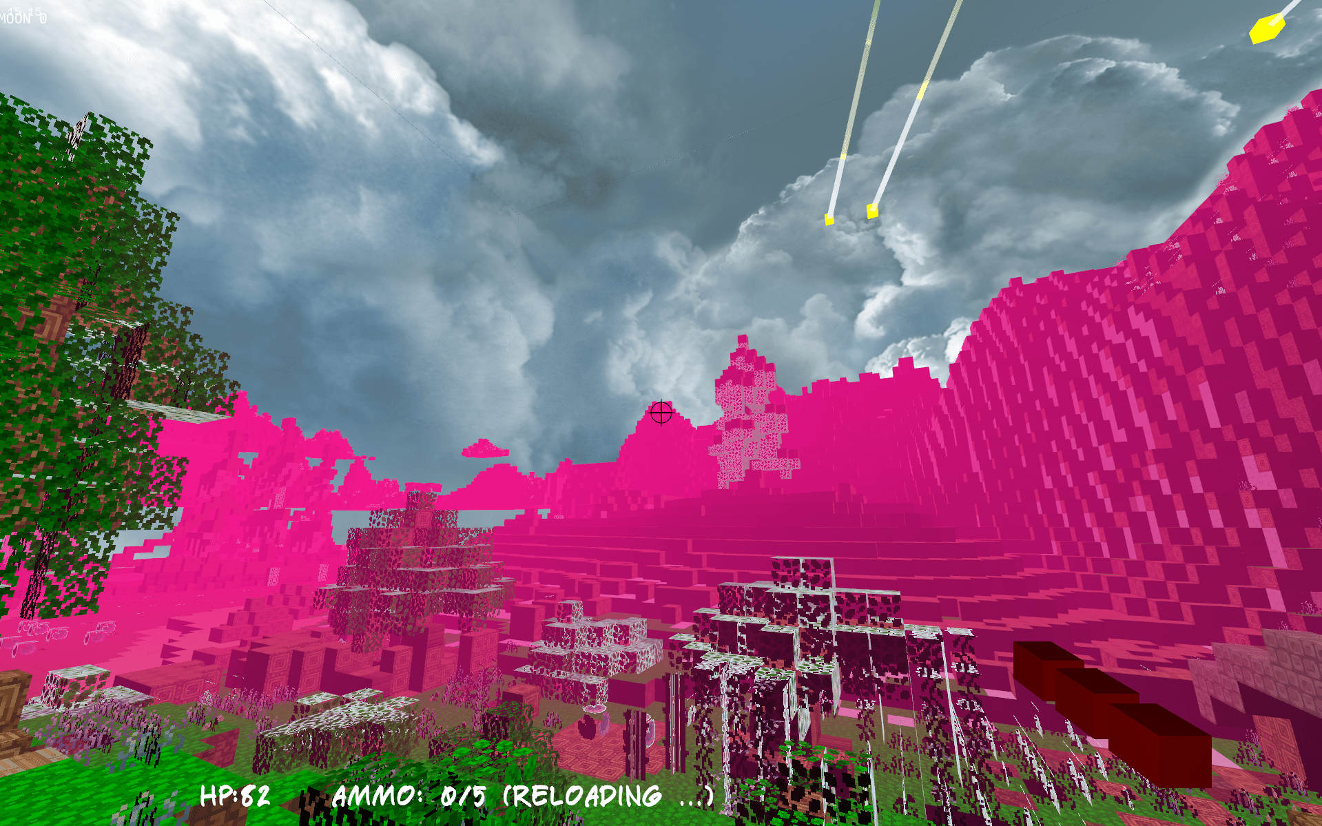 Screenshot of a computer game, pink fog is dominant.