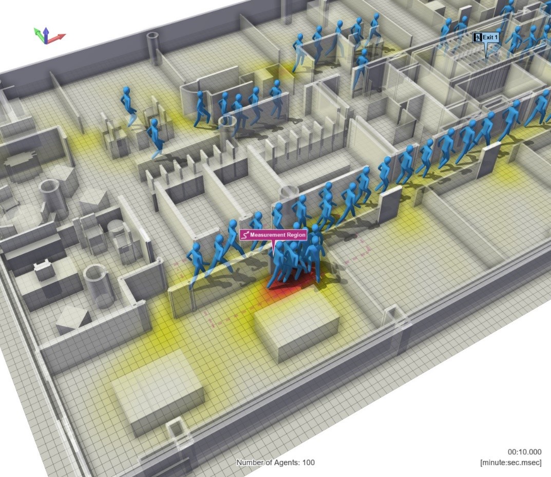 Visualisierung eines Gebäudestockwerks mit verschiedenen Räumen, in welchen eine Evakuierungsszene dargestellt ist.
