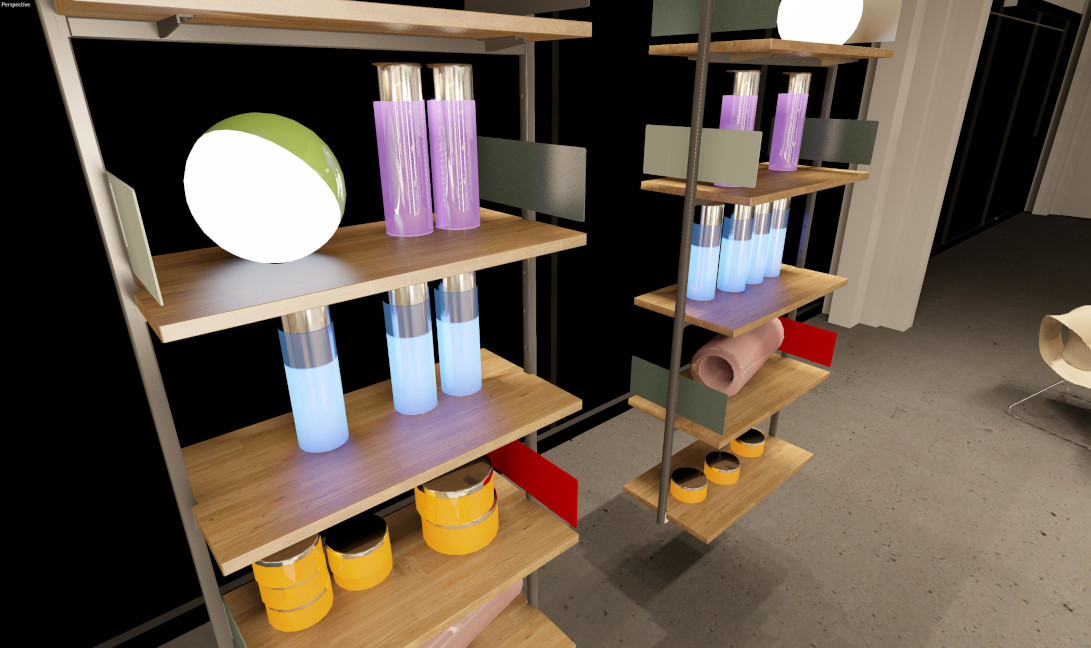 3D-Visualisierung einer Lichtsituation rund um Regale, auf denen Vasen und weitere Gegenstände stehen