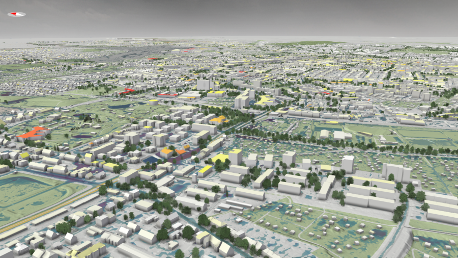 Dreidimensionale vereinfachte Grafik eines Stadtteils mit Häusern, Grünflächen und Wasserläufen