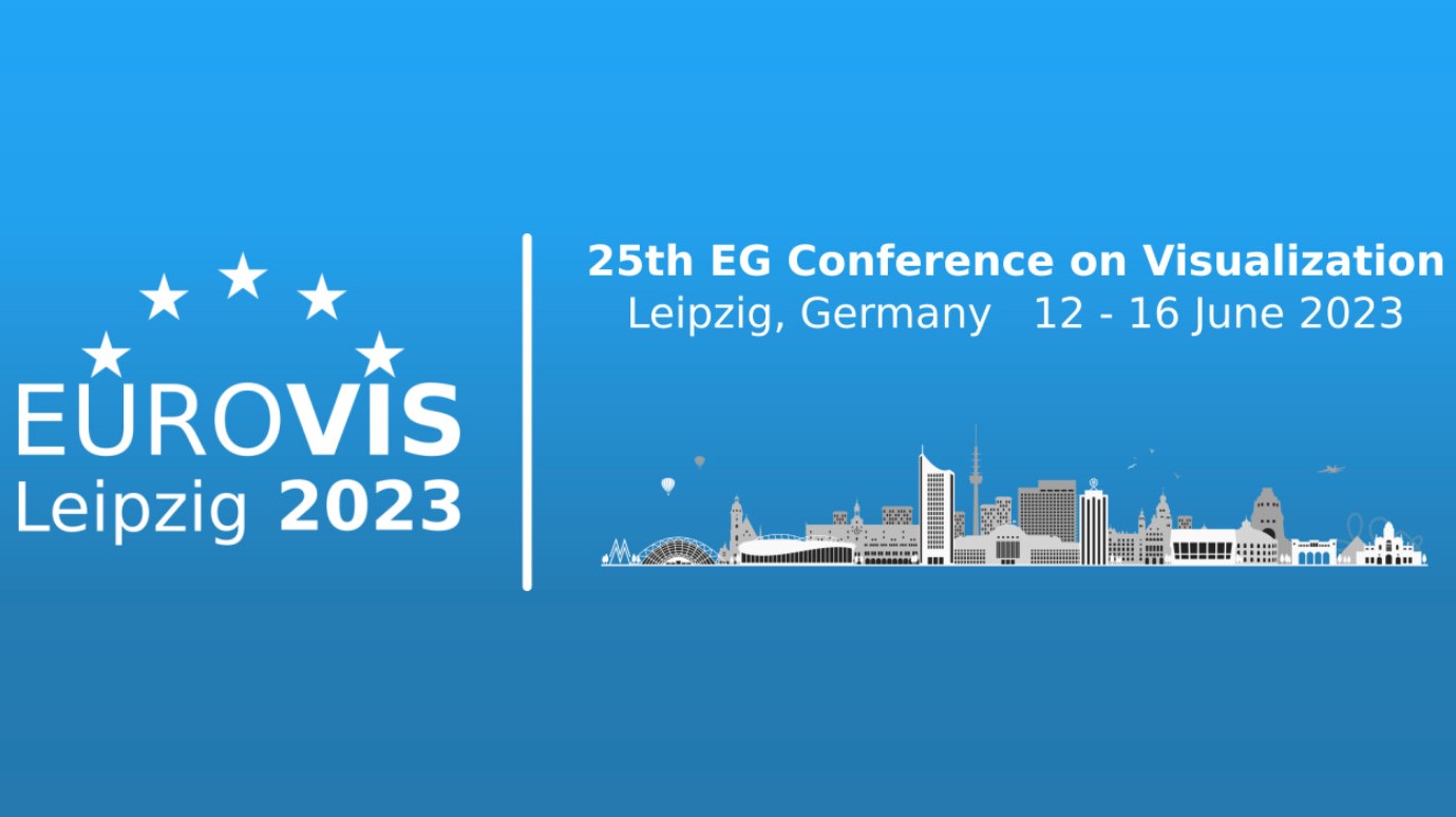 Logo der EuroVis Konferenz 2023 zeigt die Skyline von Leipzig vor blauem Hintergrund