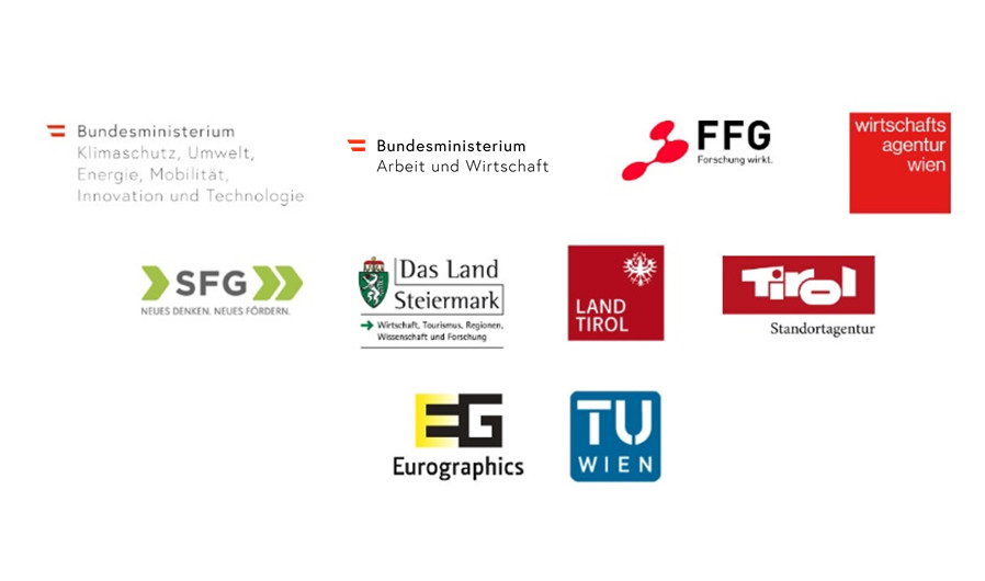 Verschiedene Logos von BMK, BMDW, FFG, Stadt Wien, Land Tirol, Land Steiermark, SFG, Standortagentur Tirol sowie TU Wien und Eurographics auf weißem Hintergrund.