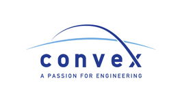 Logo of Convex CT is the company name in blue font with two wavy lines over it
