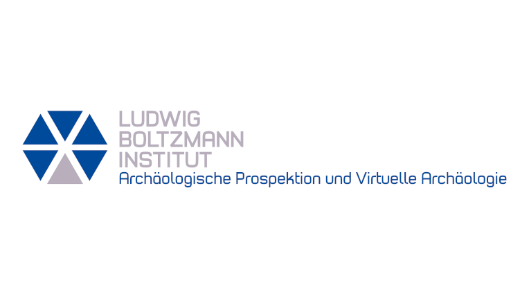 Logo-Schriftszug des Ludwig Boltzmann Instituts für Archäologische Prospektion und Virtuelle Archäologie in grau und blau mit 5 blauen und einem grauen Dreieck davor