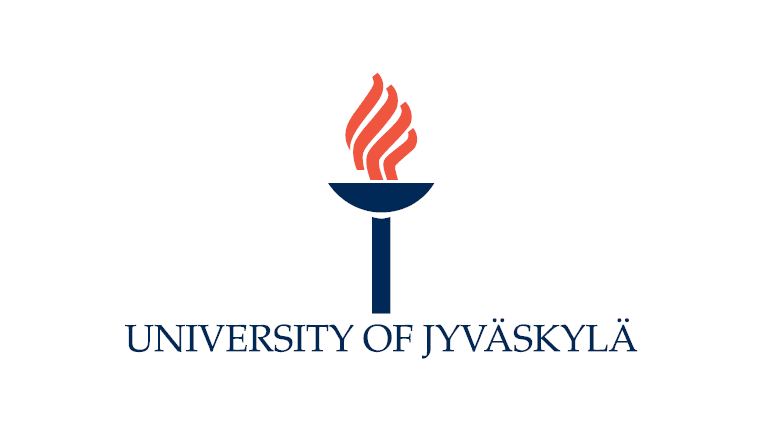 Logo-Schriftzug der Universität von Jyväskylä mit einer Fackel in blau und rot darüber