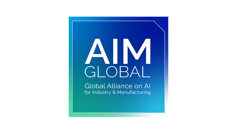 Blau-grünes Logo der Organisation AIM Global mit dem weißen Schriftzug darin