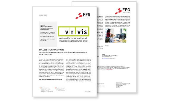 Zwei Dokumentseiten, die ein erfolgreiches VRVis-Projekt in Text und Bild darstellen.