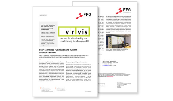Zwei beschriebene Dokumentseiten, die mit Text und Bild die VRVis-Success Story Deep Learning für Tumorsegmentierung beschreiben.
