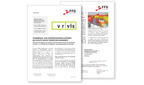Zwei beschriebene Dokumentseiten, die mit Text und Bildern die Erfolgsgeschichte des VRVis-Projekts beschreiben, wie Hochwassersimulation gegen die Klimakrise schützt