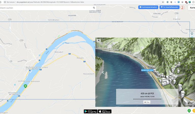 Beispielseite aus Google Maps, wo detailliert und benutzerdefiniert eine Wasserstandsprognose dargestellt werden kann.