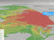 Visualisierung der Ankunftszeit einer Welle, die aufgrund von einem Deichbruch ein Gebiet überschwemmt. Rot stellt die schnelle Verbreitung und besonders gefährdete Bereichedar, grün weniger gefährdete Bereiche.