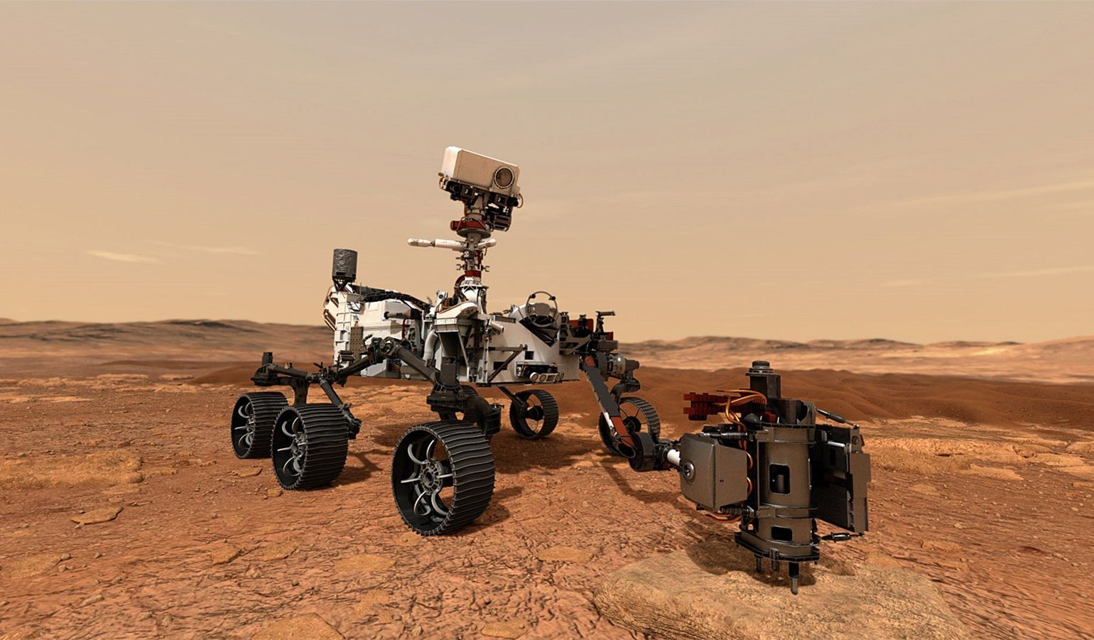 Der neue Mars-Rover "Perseverance" fährt über die Marsoberfläche.